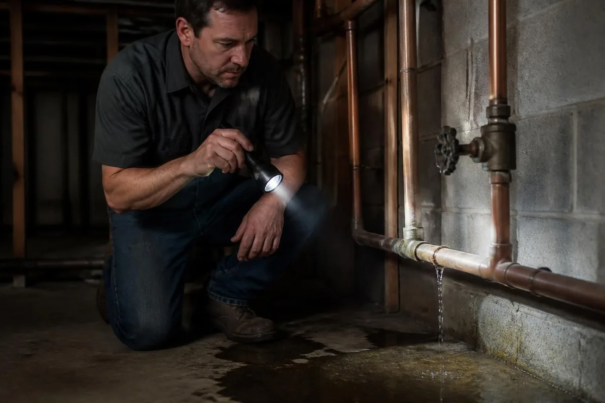 Plumber checking a dripping pipe at a shut main water valve, emergency plumber in Atlanta, GA